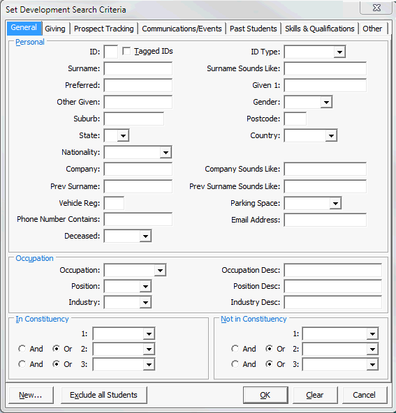 Set Development Search Criteria - General tab