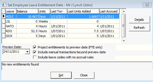 Set Employee Leave Entitlement Date window