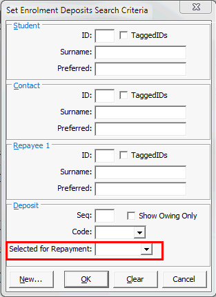 Set Enrolment Deposits Search Criteria (cut down, selected for repayment highlighted)