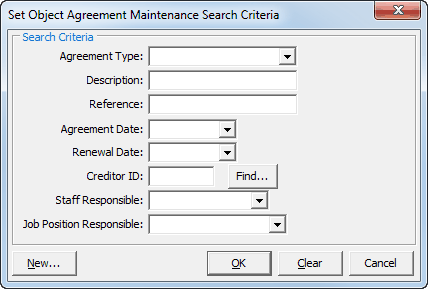 Set Object Agreement Search Criteria window