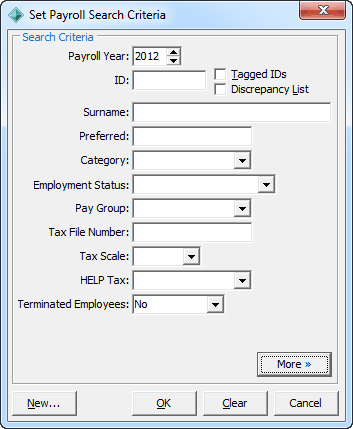 Set Payroll Search Criteria window