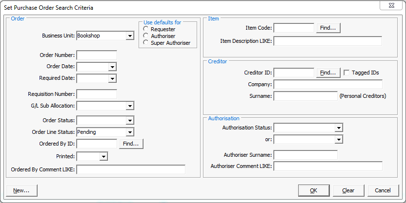 Set Purchase Order Search Criteria window