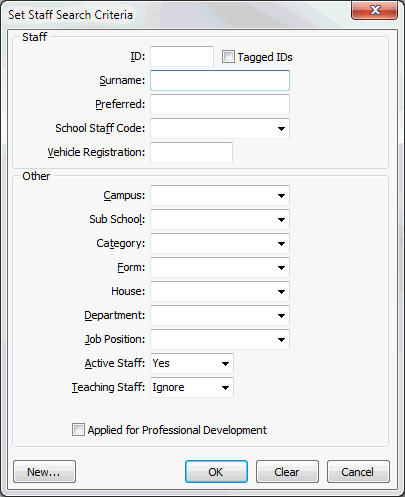 Set Staff Search Criteria window