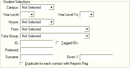 Set Student Reports Search Criteria window (Student Selections)