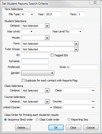 Set Student Reports Search Criteria window