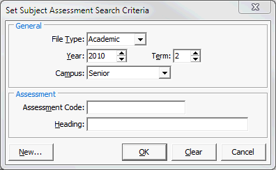 Set Subject Assessment Search Criteria window