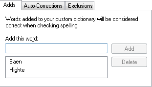 Spelling Options - Custom Dictionary tab - Adds sub-tab