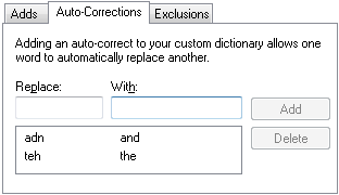 Spelling Options - Custom Dictionary tab - Auto-Corrections sub-tab