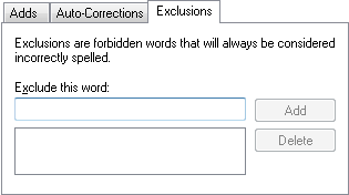 Spelling Options - Custom Dictionary tab - Exclusions sub-tab