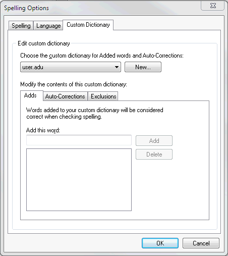 Spelling Options - Custom Dictionary tab