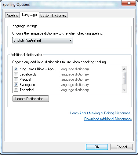 Spelling Options - Language tab