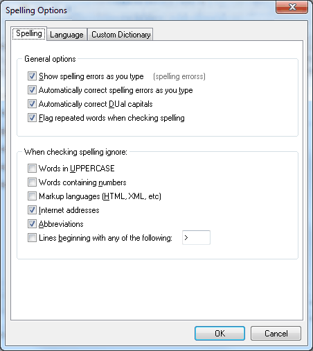 Spelling Options - Spelling tab