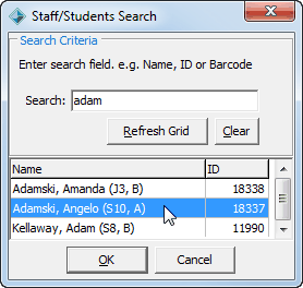 Staff-Students Search Criteria window (populated, selecting a student)