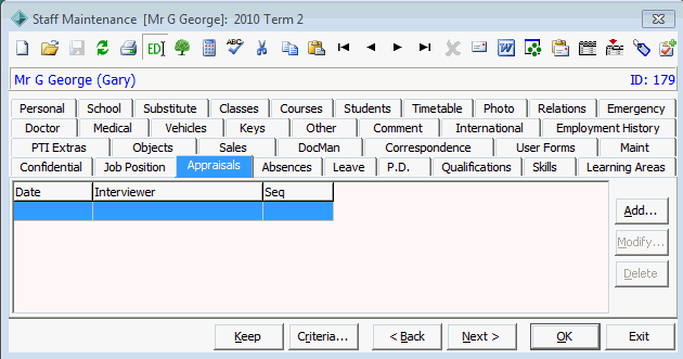 Staff Maintenance - Appraisals tab