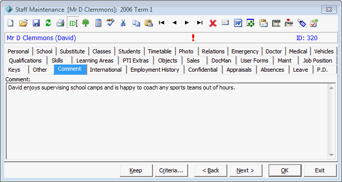 Staff Maintenance - Comment tab