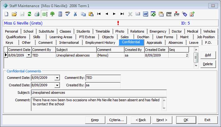 Staff Maintenance - Confidential tab