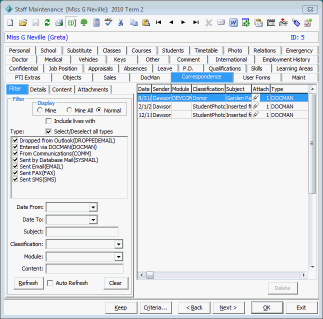 Staff Maintenance - Correspondence tab