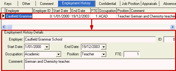 Staff Maintenance - Employment History tab (cut down)