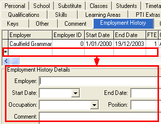 Staff Maintenance - Employment History tab (cut down)