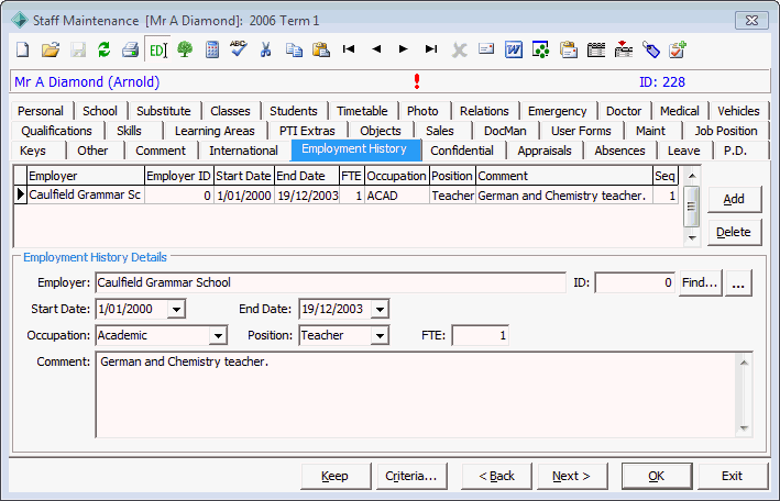 Staff Maintenance - Employment History tab