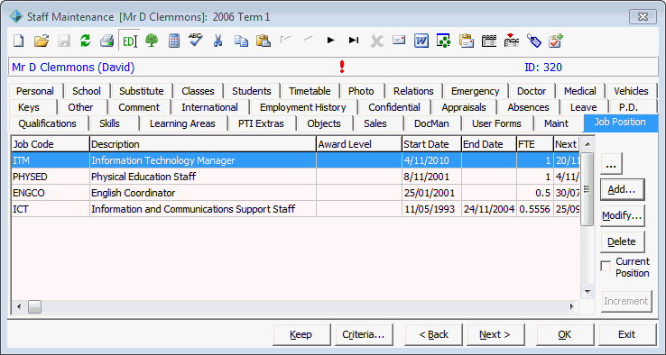 Staff Maintenance - Job Position tab