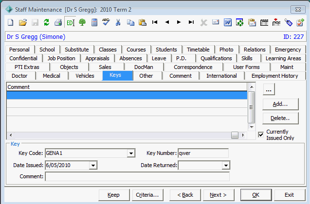 Staff Maintenance - Keys tab