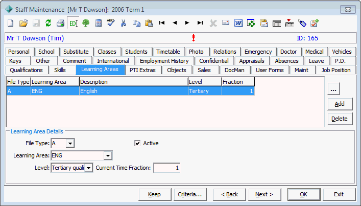 Staff Maintenance - Learning Areas tab