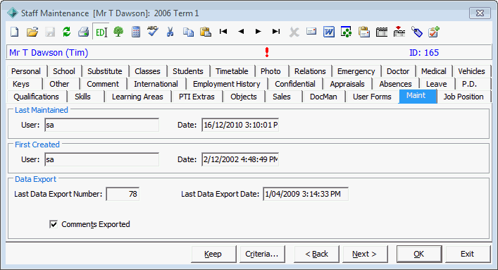 Staff Maintenance - Maint tab