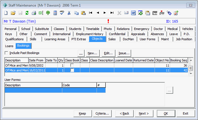 Staff Maintenance - Objects tab - Bookings sub-tab