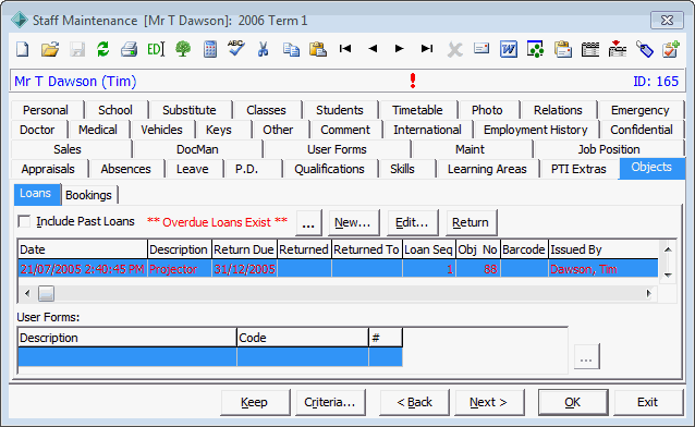 Staff Maintenance - Objects tab - Loans sub-tab