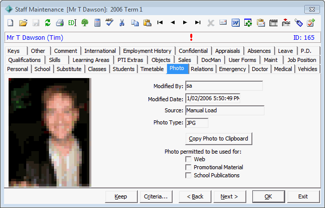 Staff Maintenance - Photo tab