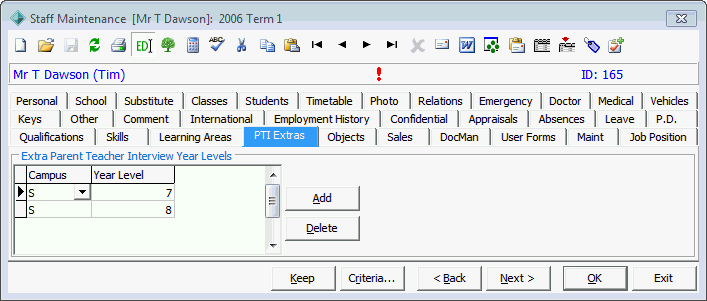 Staff Maintenance - PTI Extras tab