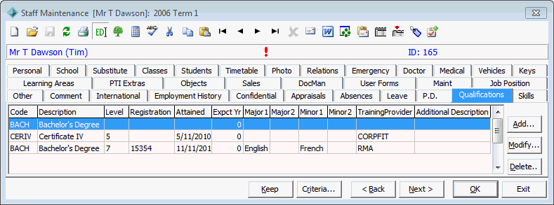Staff Maintenance - Qualifications tab