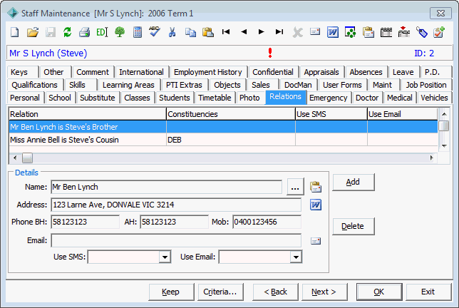 Staff Maintenance - Relations tab