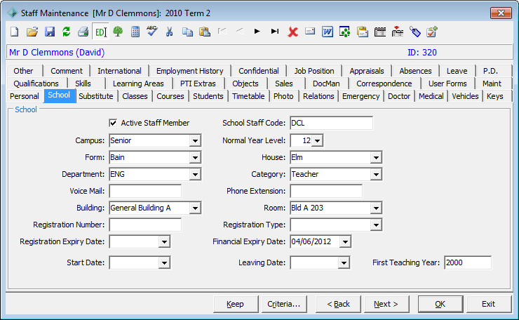 Staff Maintenance - School tab
