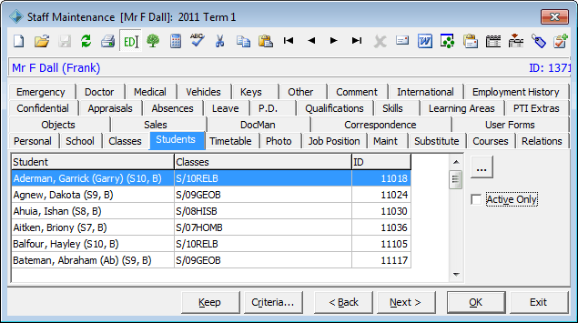 Staff Maintenance - Students tab