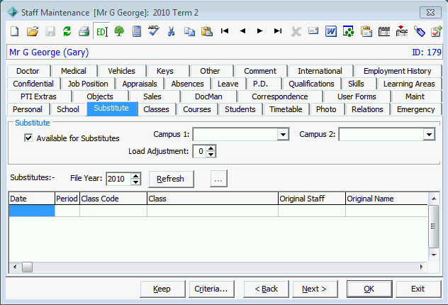 Staff Maintenance - Substitute tab