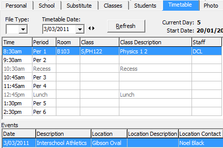 Staff Maintenance - Timetable tab (cut down, special event entry)