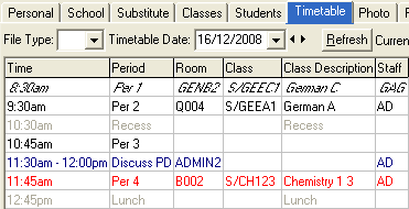 Staff Maintenance - Timetable tab (cut down)