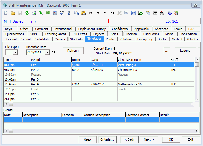 Staff Maintenance - Timetable tab