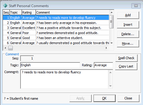 Staff Personal Comments window