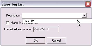 Store Tag List window