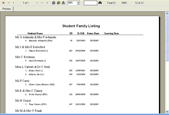 Student Family Listing window