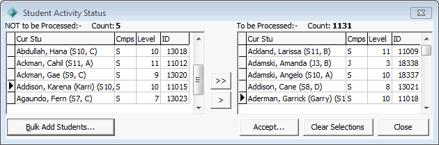Student Activity Status window (populated)