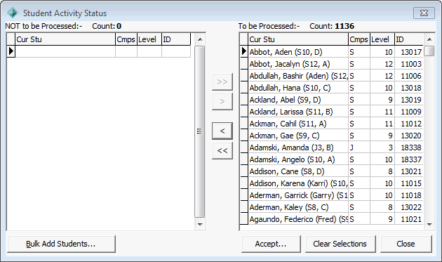 Student Activity Status window