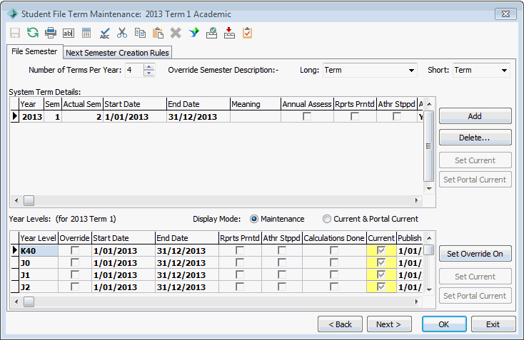Student File Semester Maintenance - File Semester tab
