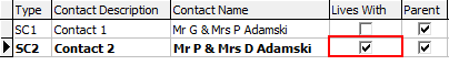 Student Maintenance - Contacts tab (example of first Lives With flag)