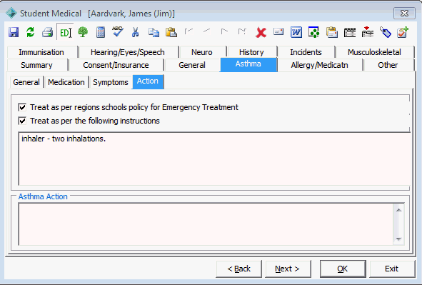 Medical Maintenance - Asthma tab - Action sub-tab