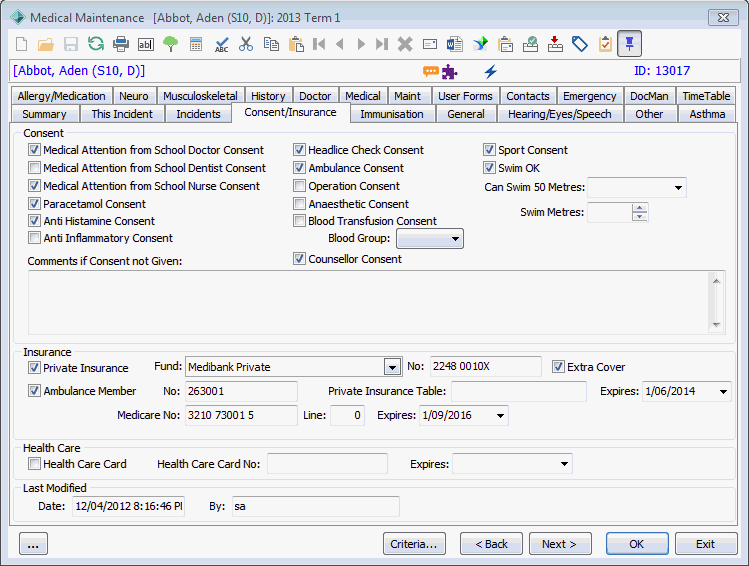 Consent/Insurance tab