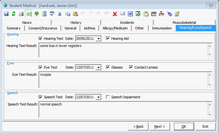 Medical Maintenance - Hearing/Eyes/Speech tab